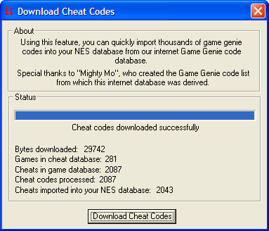 Importing thousands of Game Genie codes using the online database