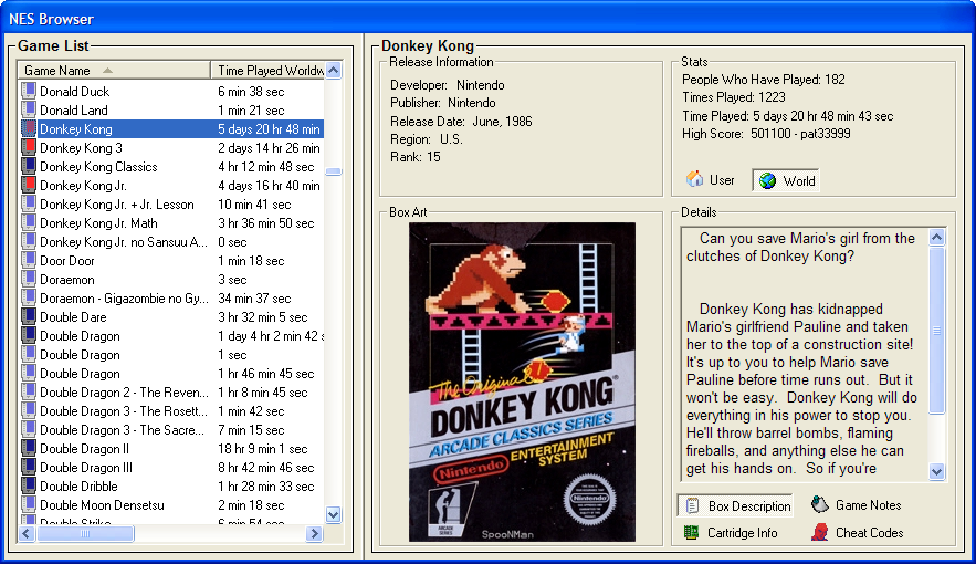 Part of UberNES's NES browser.  When a game is selected, all of its information is displayed