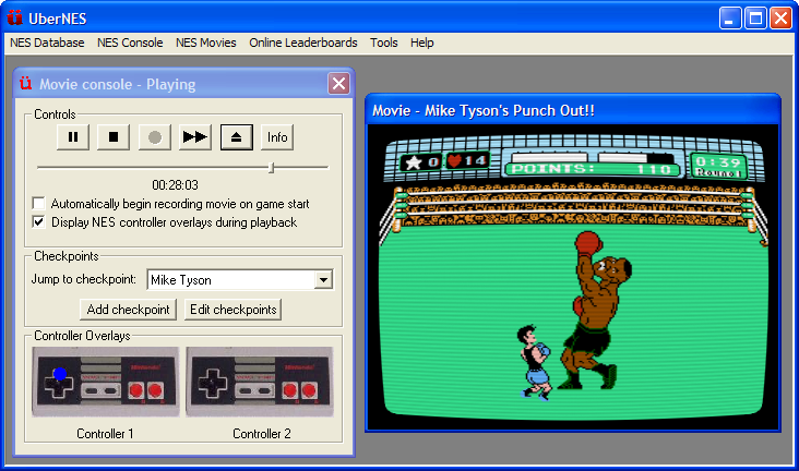 An UberNES movie playing.  The checkpoint list lets you quickly jump to key movie points, and the overlays show the current buttons being pressed.